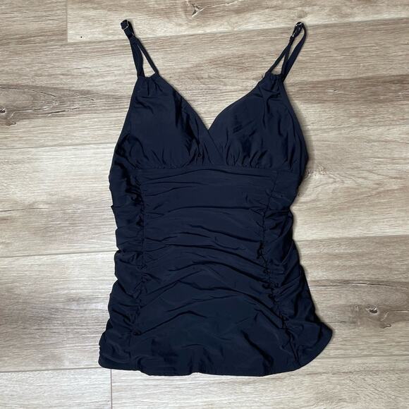 Calvin Klein Women's Solid Black Adjustable Strap Ruched Tankini Swim Top sz M - Picture 2 of 3